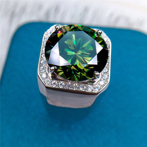 10 Carat Green Color Round Cut Halo VVS Moissanite Wide Men's Ring