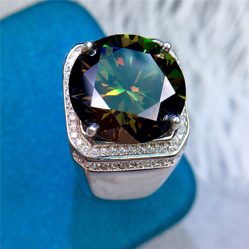 HUGE 13 Carat Green Color Round Cut Double Halo VVS Moissanite Men's Ring