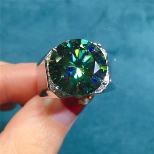 10 Carat Green Color Round Cut Hidden Halo VVS Moissanite Big Men's Ring