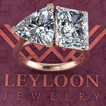 Load image into Gallery viewer, 4 Carat Trilliant Cut &amp; 4 Carat Medium Radiant Cut Two-Stone Basket D Color Moissanite Ring