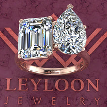 Load image into Gallery viewer, 4 Carat Medium Emerald Cut &amp; 4 Carat Pear Cut Two-Stone Basket D Color Moissanite Ring