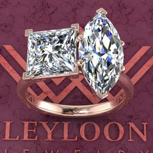 Load image into Gallery viewer, 3 Carat Marquise Cut &amp; 2.6 Carat Princess Cut Two-Stone Basket D Color Moissanite Ring