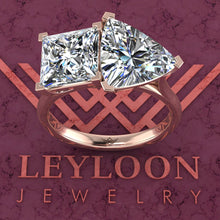 Load image into Gallery viewer, 2.6 Carat Princess Cut &amp; 4 Carat Trilliant Cut Two-Stone Basket D Color Moissanite Ring