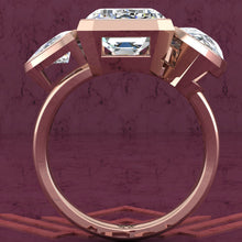 Load image into Gallery viewer, 10.8 CTW Elongated Emerald Cut Three-Stone Random Shape Bezel D Color Moissanite Ring