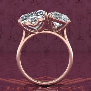 4 Carat Heart Cut & 4 Carat Pear Cut Two-Stone Basket D Color Moissanite Ring