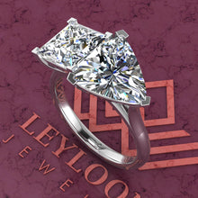 Load image into Gallery viewer, 2.6 Carat Princess Cut &amp; 4 Carat Trilliant Cut Two-Stone Basket D Color Moissanite Ring