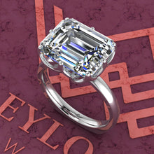 Load image into Gallery viewer, 7 Carat Medium Emerald Cut Tulip Set 8 Prong Solitaire Euro Shank D Color Moissanite Ring