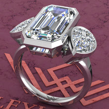Load image into Gallery viewer, 10.8 CTW Elongated Emerald Cut Three-Stone Random Shape Bezel D Color Moissanite Ring