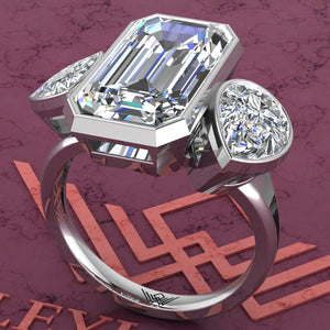 10.8 CTW Elongated Emerald Cut Three-Stone Random Shape Bezel D Color Moissanite Ring