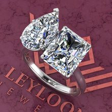 Load image into Gallery viewer, 4 Carat Pear Cut &amp; 4 Carat Medium Radiant Cut Two-Stone Basket D Color Moissanite Ring