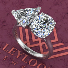 Load image into Gallery viewer, 4 Carat Trilliant Cut &amp; 4 Carat Medium Cushion Cut Two-Stone Basket D Color Moissanite Ring