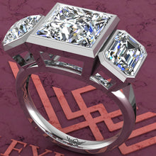 Load image into Gallery viewer, 6.4 CTW Princess Cut Three-Stone Random Shape Bezel D Color Moissanite Ring