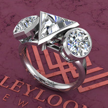 Load image into Gallery viewer, 6 CTW Triangle Cut Three-Stone Random Shape Bezel D Color Moissanite Ring