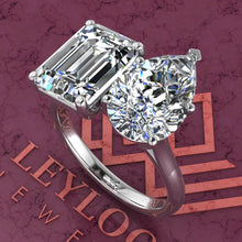 Load image into Gallery viewer, 4 Carat Medium Emerald Cut &amp; 4 Carat Pear Cut Two-Stone Basket D Color Moissanite Ring