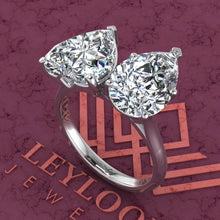 Load image into Gallery viewer, 4 Carat Heart Cut &amp; 4 Carat Pear Cut Two-Stone Basket D Color Moissanite Ring
