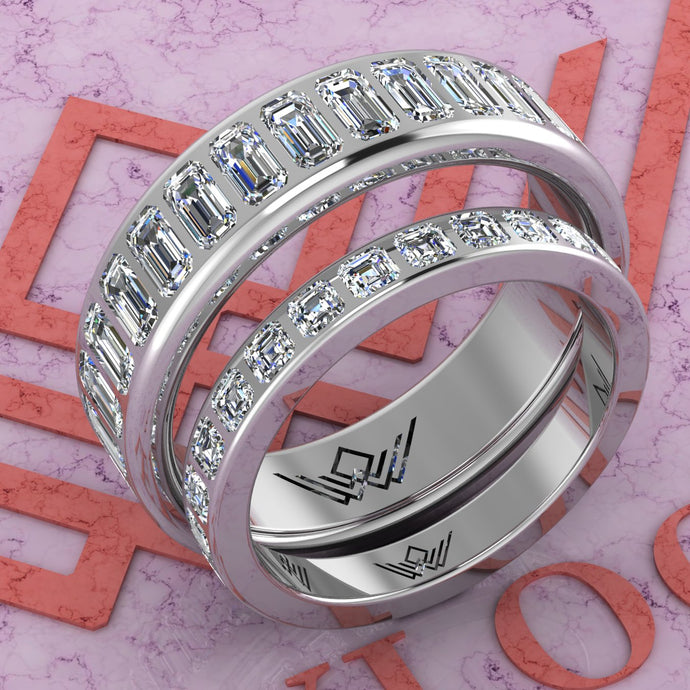 7.6 CTW Emerald Cut Couple's Wedding Bands Flush Moissanite Set D Color