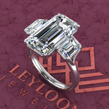 Load image into Gallery viewer, 9.8 CTW Elongated Emerald Cut Three-Stone D Color Basket Moissanite Ring
