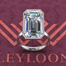 Load image into Gallery viewer, 11 Carat Elongated Emerald Cut Bezel Euro Shank Solitaire D Color Moissanite Ring