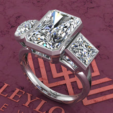Load image into Gallery viewer, 7.4 CTW Medium Radiant Cut Three-Stone Random Shape Bezel D Color Moissanite Ring