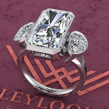 Load image into Gallery viewer, 10.2 CTW Elongated Radiant Cut Three-Stone Random Shape Bezel D Color Moissanite Ring