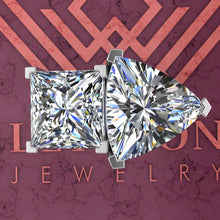 Load image into Gallery viewer, 2.6 Carat Princess Cut &amp; 4 Carat Trilliant Cut Two-Stone Basket D Color Moissanite Ring