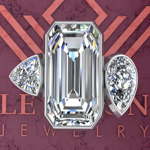 10.8 CTW Elongated Emerald Cut Three-Stone Random Shape Bezel D Color Moissanite Ring