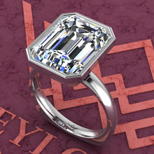 Load image into Gallery viewer, 7.5 Carat Medium Emerald Cut Bezel Euro Shank Solitaire D Color Moissanite Ring