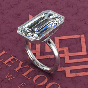 11 Carat Elongated Emerald Cut Bezel Euro Shank Solitaire D Color Moissanite Ring