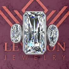 Load image into Gallery viewer, 10.2 CTW Elongated Radiant Cut Three-Stone Random Shape Bezel D Color Moissanite Ring