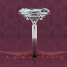 Load image into Gallery viewer, 9.8 CTW Elongated Emerald Cut Three-Stone D Color Basket Moissanite Ring