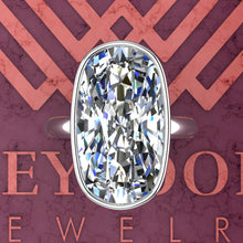 Load image into Gallery viewer, 11 Carat Elongated Cushion Cut Bezel Euro Shank D Color Solitaire Moissanite Ring