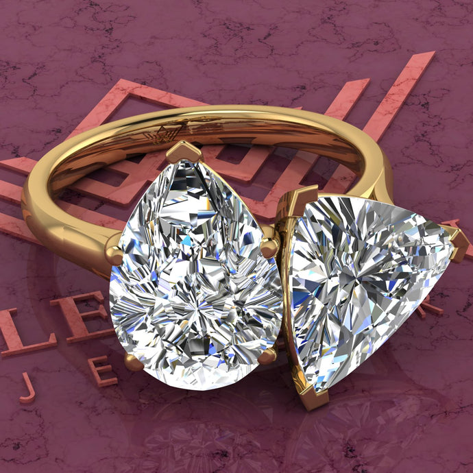 4 Carat Pear Cut & 4 Carat Trilliant Cut Two-Stone Basket D Color Moissanite Ring