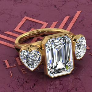 7.5 CTW Medium Emerald Cut Three-Stone Random Shape Bezel D Color Moissanite Ring