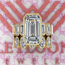 Load image into Gallery viewer, 26 CTW Elongated Emerald Cut Two-Piece Bridal D Color Bezel Moissanite Set