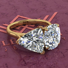 Load image into Gallery viewer, 4 Carat Trilliant Cut &amp; 4 Carat Medium Cushion Cut Two-Stone Basket D Color Moissanite Ring