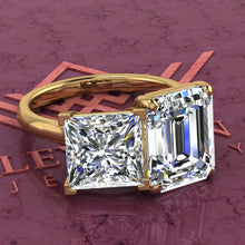 Load image into Gallery viewer, 4 Carat Medium Emerald Cut &amp; 2.6 Carat Princess Cut Two-Stone Basket D Color Moissanite Ring