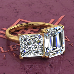 4 Carat Medium Emerald Cut & 2.6 Carat Princess Cut Two-Stone Basket D Color Moissanite Ring