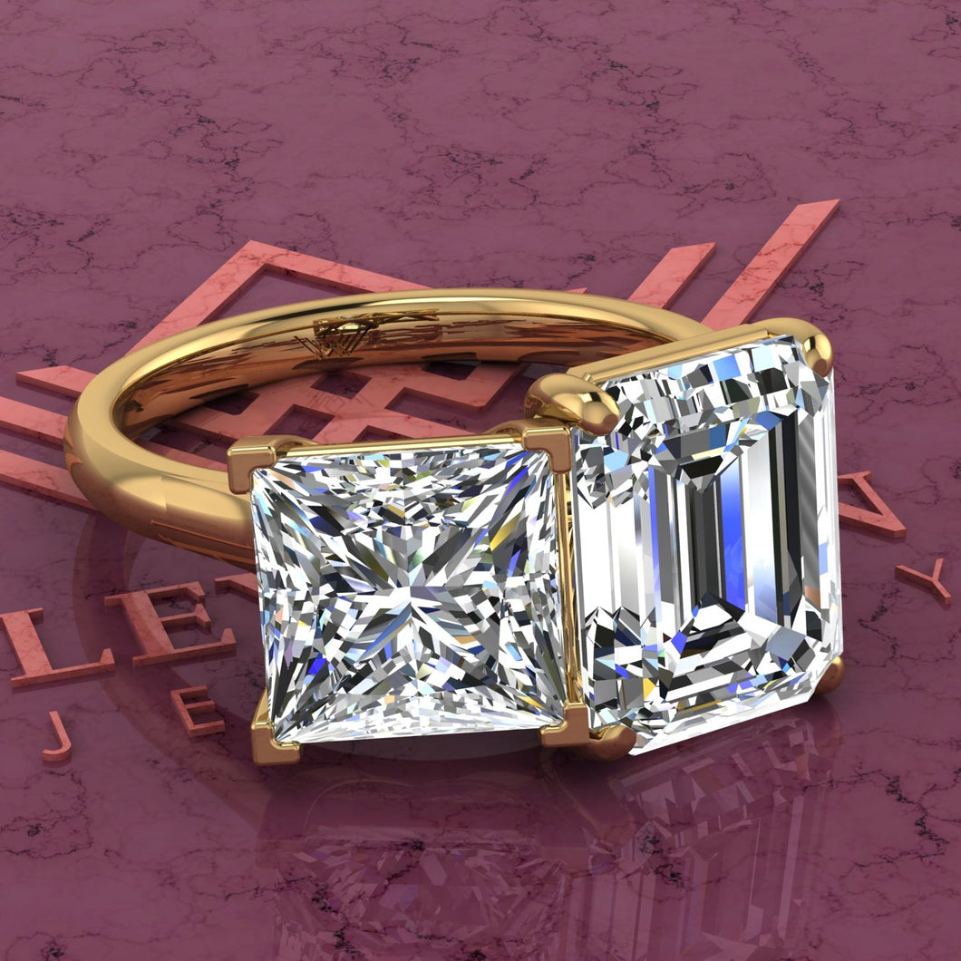 4 Carat Medium Emerald Cut & 2.6 Carat Princess Cut Two-Stone Basket D Color Moissanite Ring