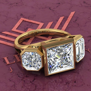 6.4 CTW Princess Cut Three-Stone Random Shape Bezel D Color Moissanite Ring