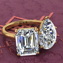 Load image into Gallery viewer, 4 Carat Medium Emerald Cut &amp; 4 Carat Pear Cut Two-Stone Basket D Color Moissanite Ring