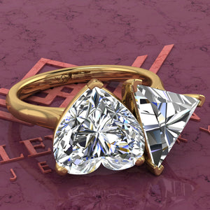 4 Carat Heart Cut & 4 Carat Triangle Cut Two-Stone Basket D Color Moissanite Ring