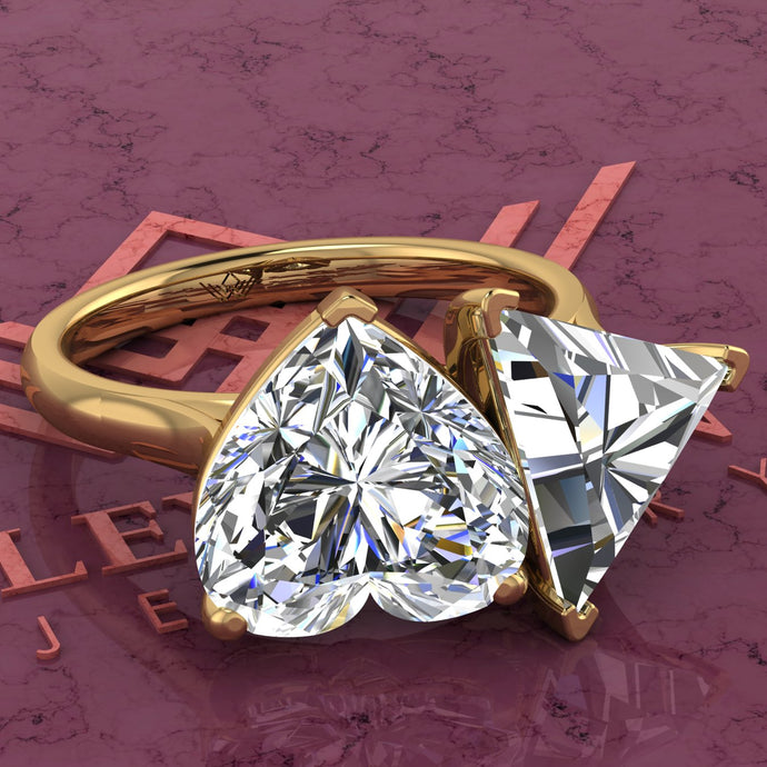 4 Carat Heart Cut & 4 Carat Triangle Cut Two-Stone Basket D Color Moissanite Ring