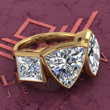 Load image into Gallery viewer, 7 CTW Trillion Cut Three-Stone Random Shape Bezel D Color Moissanite Ring