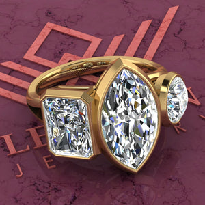5.8 CTW Marquise Cut Three-Stone Random Shape Bezel D Color Moissanite Ring