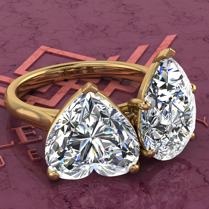 4 Carat Heart Cut & 4 Carat Pear Cut Two-Stone Basket D Color Moissanite Ring