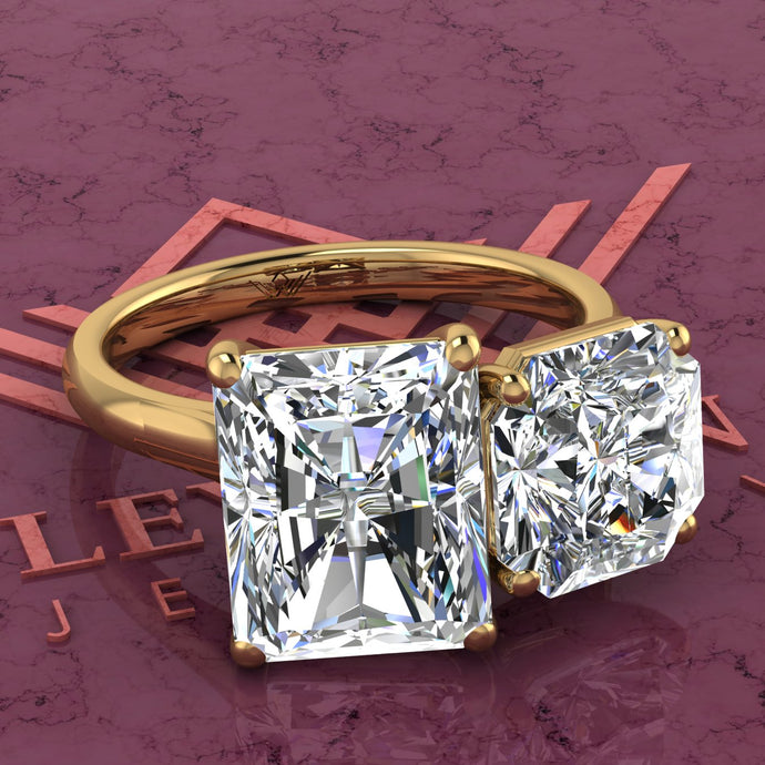 2.5 Carat Square Radiant Cut & 4 Carat Medium Radiant Cut Two-Stone Basket D Color Moissanite Ring