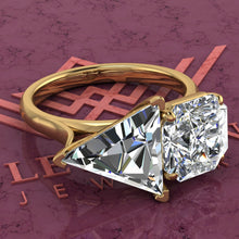 Load image into Gallery viewer, 4 Carat Triangle Cut &amp; 2.5 Carat Square Radiant Cut Two-Stone Basket D Color Moissanite Ring