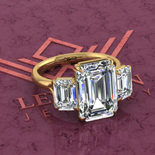 Load image into Gallery viewer, 7.4 CTW Medium Emerald Cut Three-Stone D Color Basket Moissanite Ring