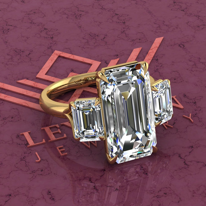 9.8 CTW Elongated Emerald Cut Three-Stone D Color Basket Moissanite Ring