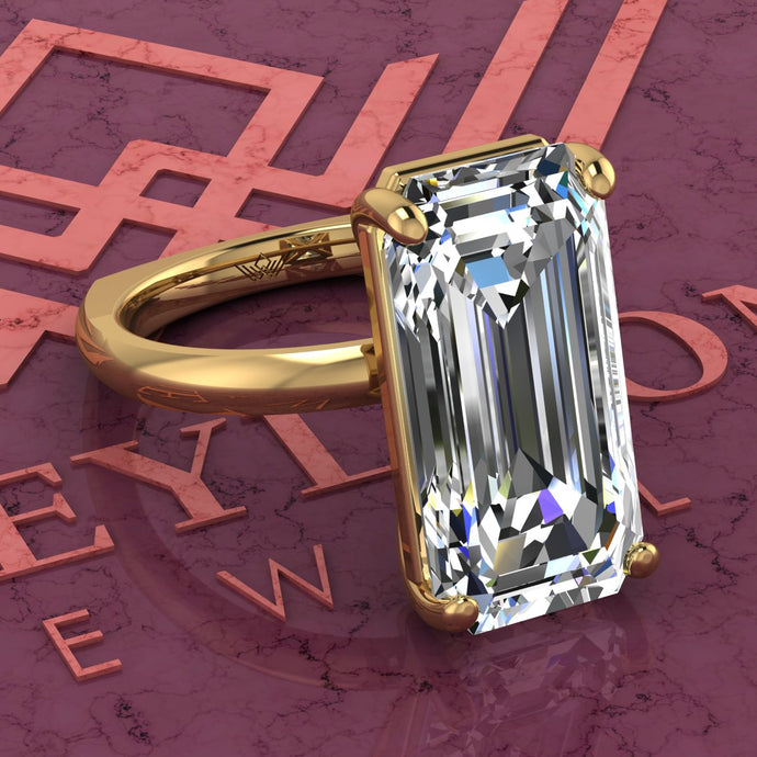 6 Carat Elongated Emerald Cut 4 Prong Solitaire Euro Shank D Color Basket Moissanite Ring